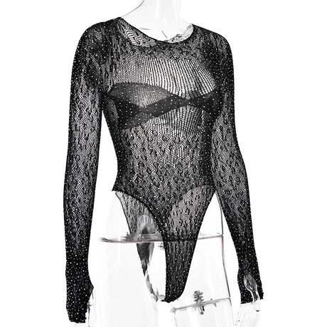 Women Slim See Through Long Sleeve Romper Tops Shiny Rhinestone Tshirt Bodysuit Party Club Hollow Out Wrap Overalls Tops