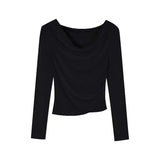 Lace Splice Asymmetrical Shoulder Long Sleeve T-Shirt Women's Slim Fit White Top for Autumn Winter Commute Casual Wear