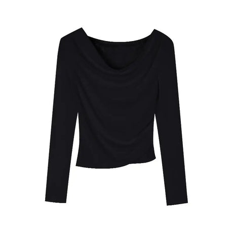 Lace Splice Asymmetrical Shoulder Long Sleeve T-Shirt Women's Slim Fit White Top for Autumn Winter Commute Casual Wear