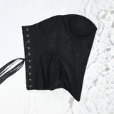 Women Mesh Corset Busiter Overbust Cups Push Breast Floral Lace Bodice Sext Tansparent Strapless Crop Tops Lace Up Steel Boned
