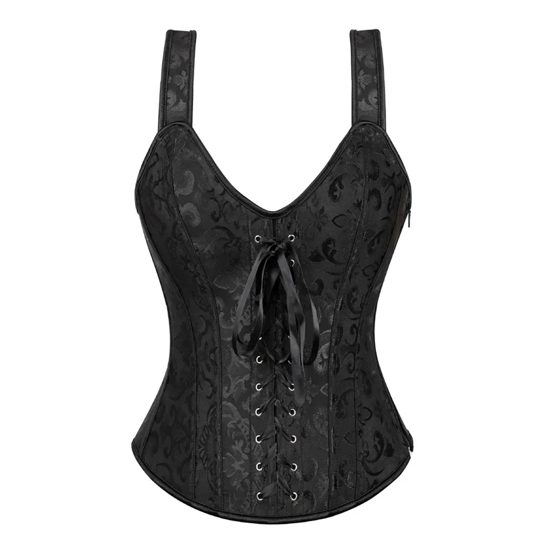 Gothic Corset Top With Straps Sexy Floral Zipper Brocade Overbust Lingerie Burlesque Body Shaper Lace Up Bustier Plus Size