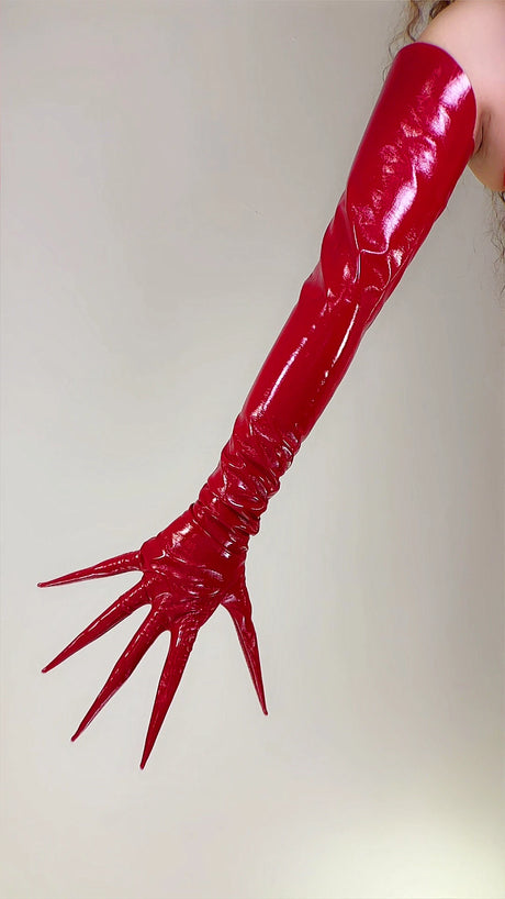 POINTED FINGER GLOVES 85cm 33" Long Spike Shoulders Patent Faux Leather PU Arm Warmers Shine Black LLDLLNT