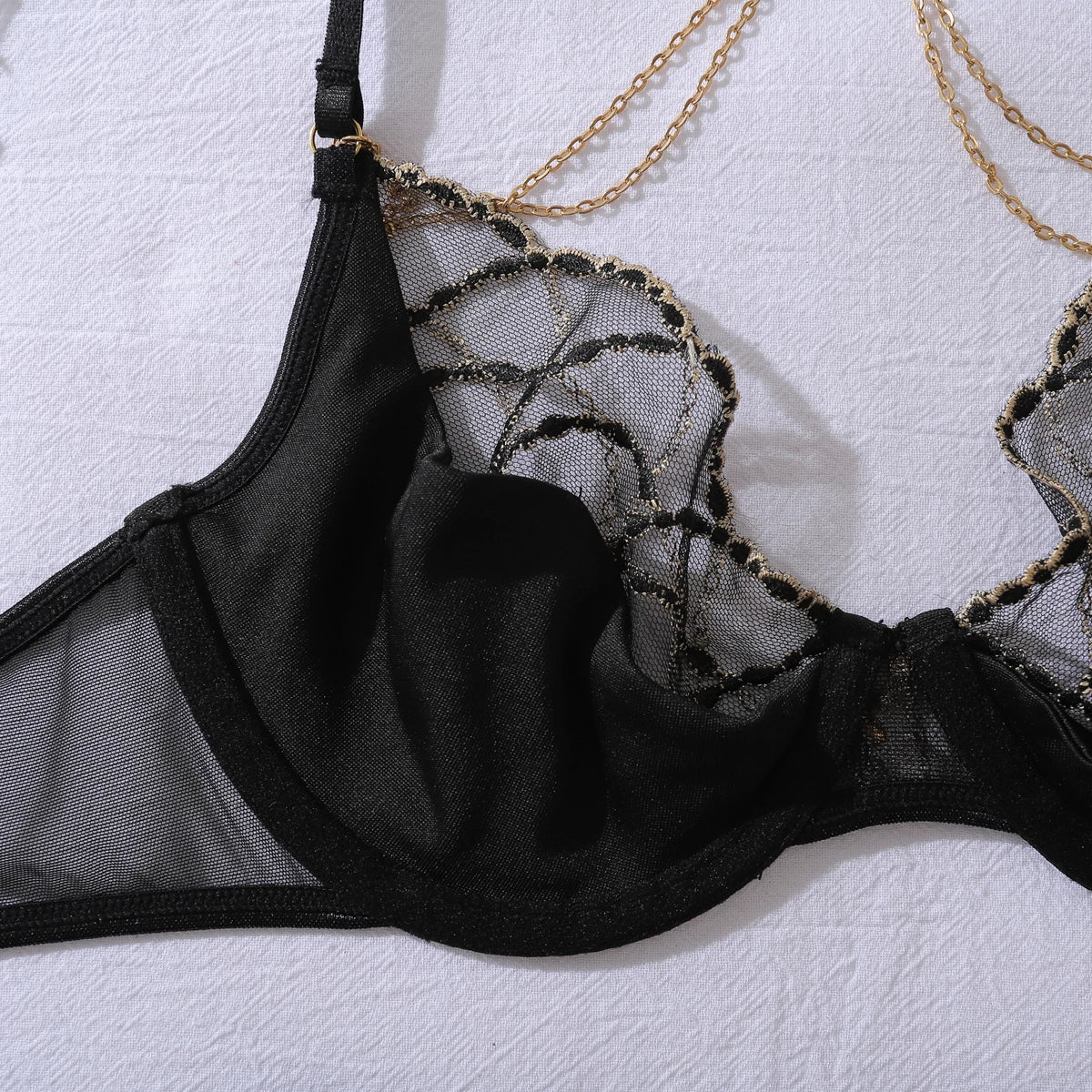 Fashionable spicy girl hanging neck metal chain heavy embroidery shaping sexy underwear five piece set