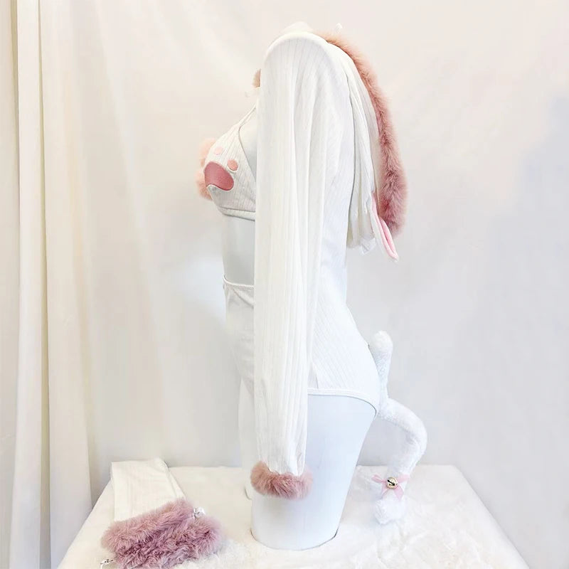 SENMHS Original Japanese Sweet Lolita Cat Girl Cosplay Set Women Kawaii Cat Paw Bikini with Hooded Bodysuit Photo Shoot Hallowee