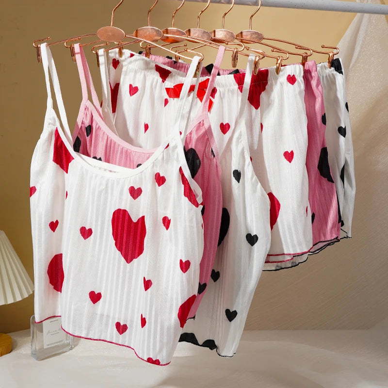 Heart Print Pajama Set Sleeveless Crop Top and Shorts Comfy Sleepwear Loungewear Nightwear Casual Soft T-Shirts Shorts