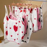 Heart Print Pajama Set Sleeveless Crop Top and Shorts Comfy Sleepwear Loungewear Nightwear Casual Soft T-Shirts Shorts