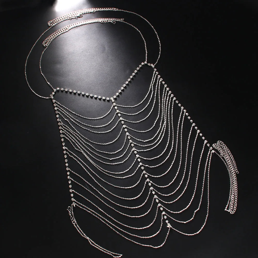 Rave Harness Rhinestone Multilayer Chest Chain for Women Nightclub Sexy Outfit Crystal Body Chain Jewelry Dress Accessories