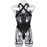 Striped Lace Patchwork Sexy Bodysuit for Women Bodycon Spaghetti Straps Backless Lingerie Body with Garters Nightclub Outfits
