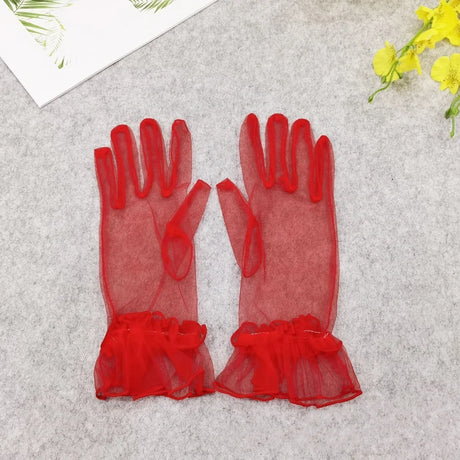 1 Pair Women's Lace Full Finger Gloves Fashion Short Tulle Elastic Etiquette Lotus Leaf Shears for Stylish Hand Protection