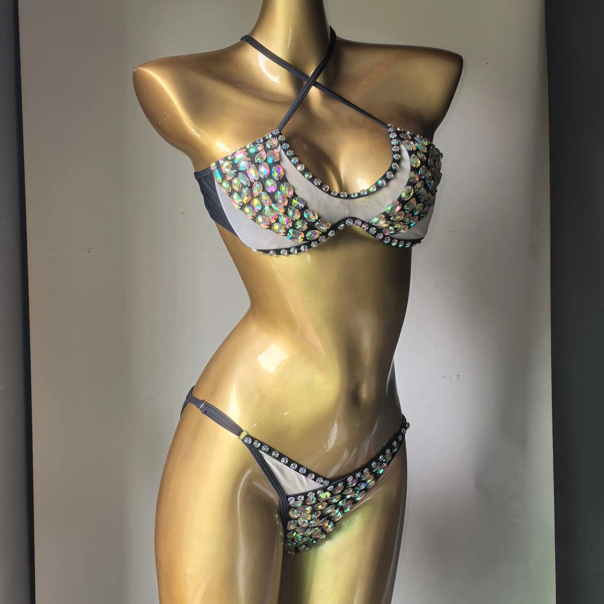 Rhinestone Beaded 2 Pcs Bikini Set Underwire Mesh Side Tie Bikini Women Luxury Crystal Sparkle Beach Festival Rave Bathing Suit