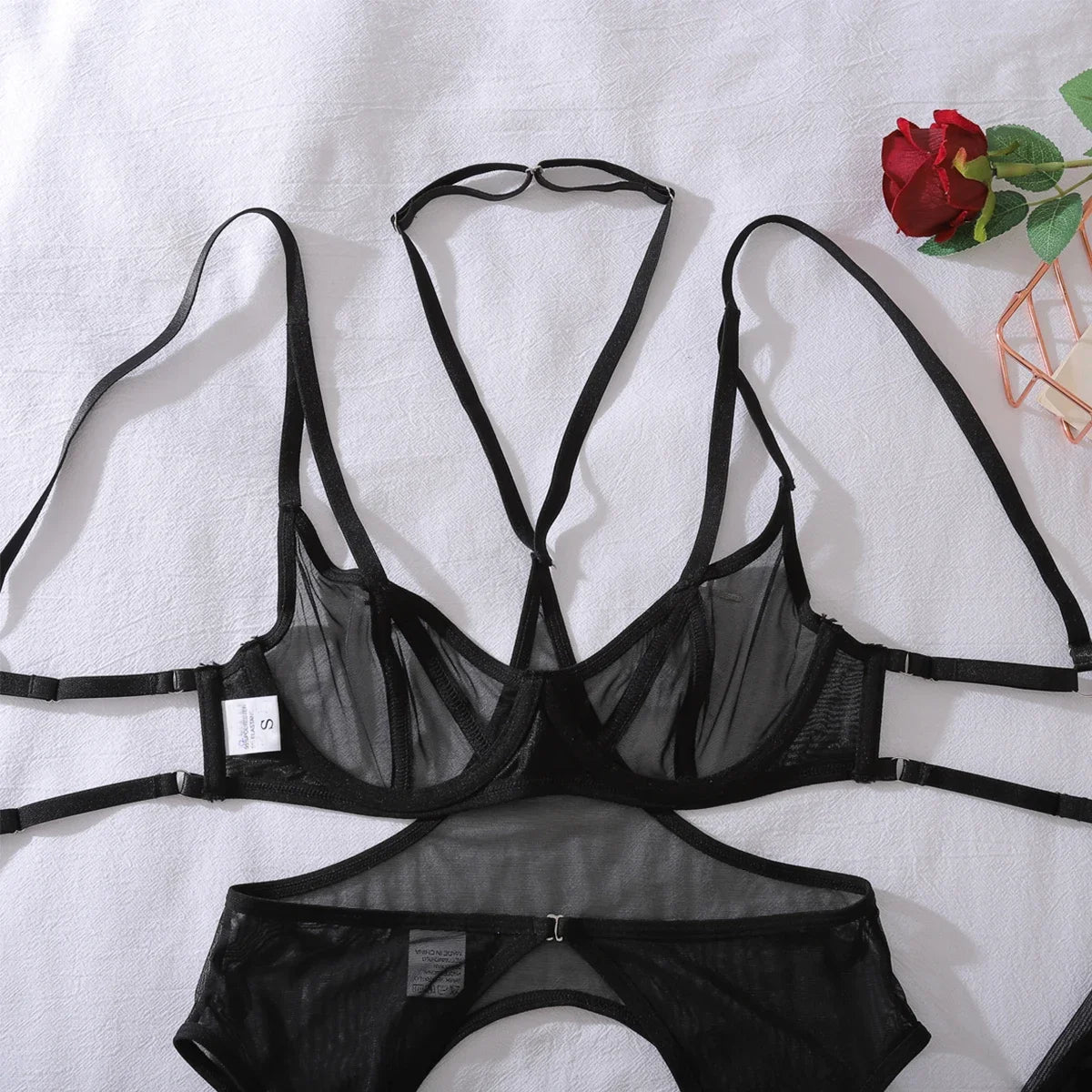 Ellolace See Through Sexy Lingerie Exclusive Halter Belt 3PC Stockings Luring Silver Cross Rhinestone Backless Harness Underwear