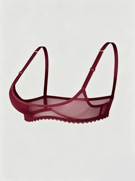 Ladies' sexy 1/4 Cup Mesh Bra, Sheer Wireless Breathable Balconette Bralette Top