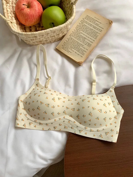 Plunge Neck Floral Demi Cup Bra Small Bust Wirefree Push Up Seamless Invisible Thin Cute Teen Girls Daily Wear Underwear