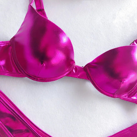 Shiny PU Faux Leather Bikini Push Up Swimsuit Women Swimwear Female Two-pieces Bikini set Bra Cup Bather Bathing Suit Swim