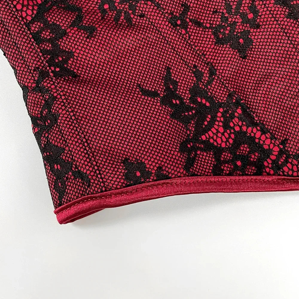 Women's Lace Corset Top Strapless Burgundy Black Molded Cup Back Lace-Up Waist Cincher Push-Up Bustier