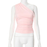Solid Color One Shoulder Backless Shrink Tank Top T-Shirt Candy Color Tight Sexy Sleeveless Neckless Slim Casaul Top