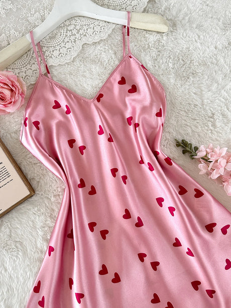 New Women's Pink Slip Nightdress Heart Print V Neck Spaghetti Strap Chemise Cute and Sweet Sleepwear for Party or Daily Life