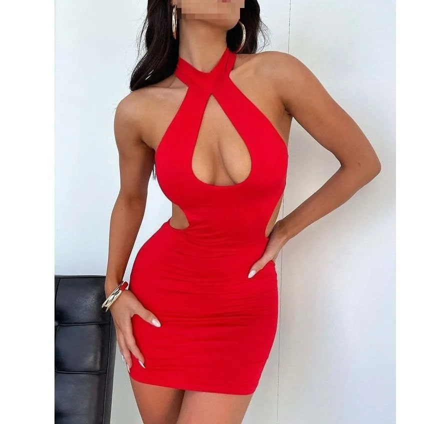 Sexy Neckline Hollow out Backless Sleeveless round Neck Design Bodycon Dress Knitted Fabric Short Summer New Arrival