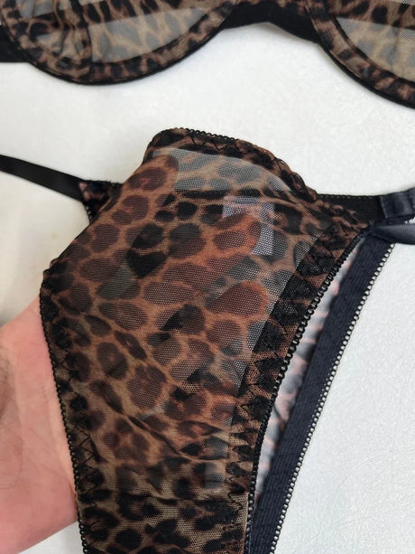 Two Piece Sexy Leopard Women's Lingerie Sets French Ultra Thin See Through Underwire Bra and Panty Erotic Lace Up Bow Underwear