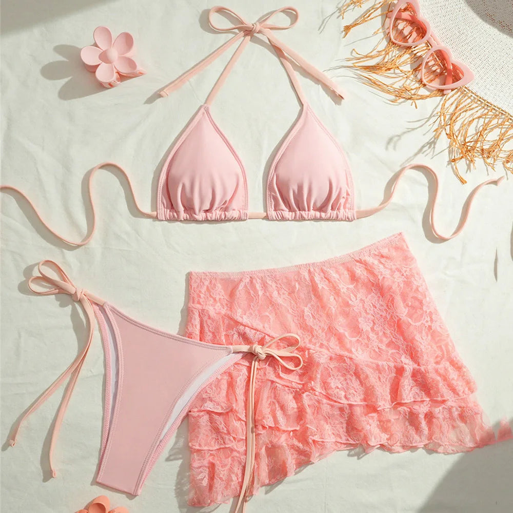 Pink Lace Mini Skirts Cover Ups Swimwear String Halter Triangle 3 Piece Bikini Set Micro Thong Sexy Swimsuit Women 2026 Bikinis