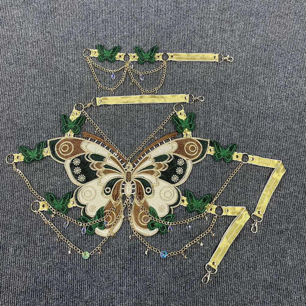 Women's Butterfly Embroidered Top Crystal Chain Sleeveless Cropped Top Camisole Backless Adjustable Sexy Beach Holiday Y2K Top