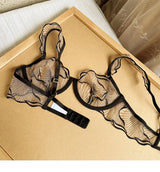 European Style Ultra Thin Sheer Lace Lingerie Set Embroidery Minimizer Bra Big Bust Support Slim Fit Underwear S-XL Size 32-38