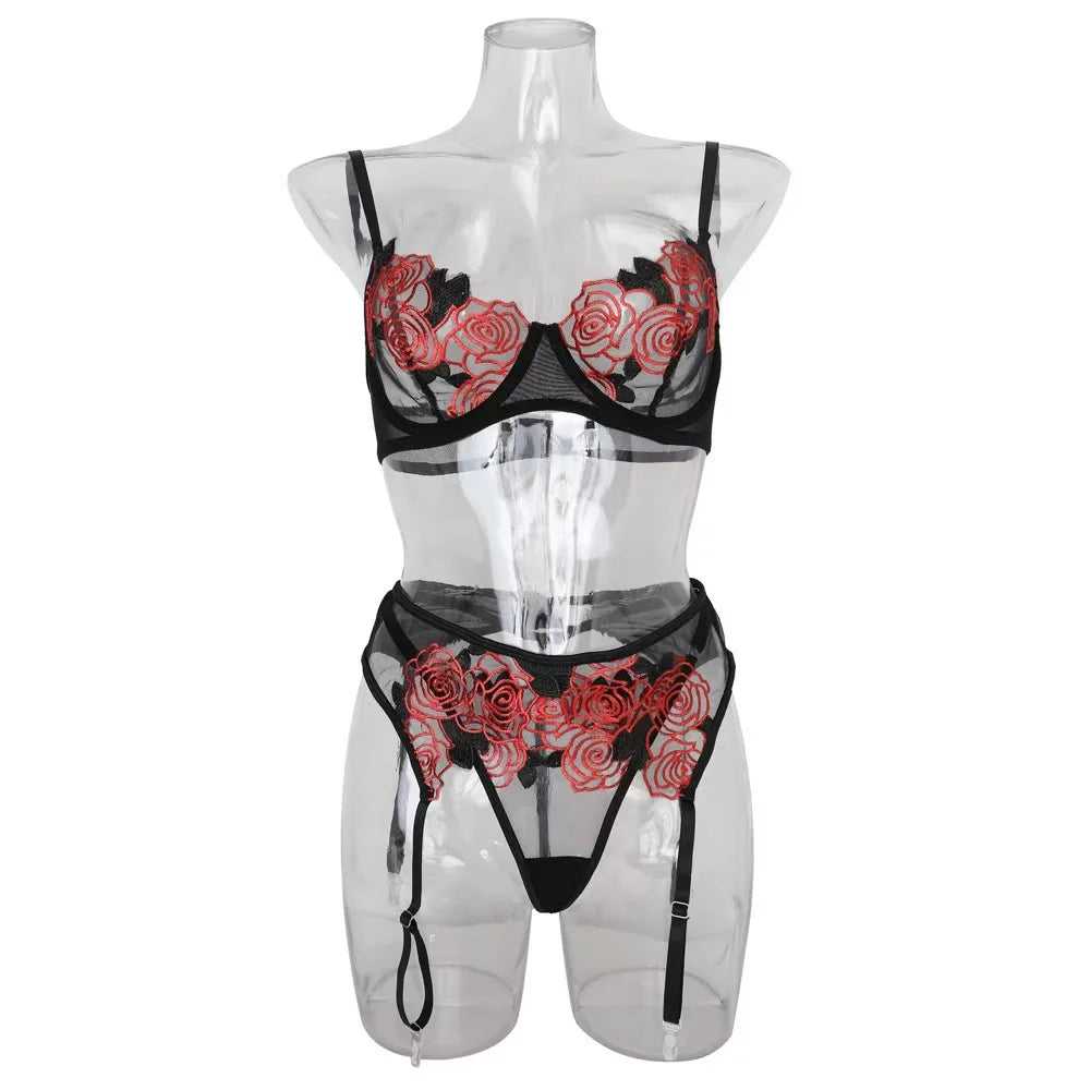 Toucheart 3 Piece Set Sexy Lace Embroidery Bra Set For Women Mesh Patchwork Perspective Sexy Garters Steel Rings Underwear Set