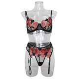 Toucheart 3 Piece Set Sexy Lace Embroidery Bra Set For Women Mesh Patchwork Perspective Sexy Garters Steel Rings Underwear Set