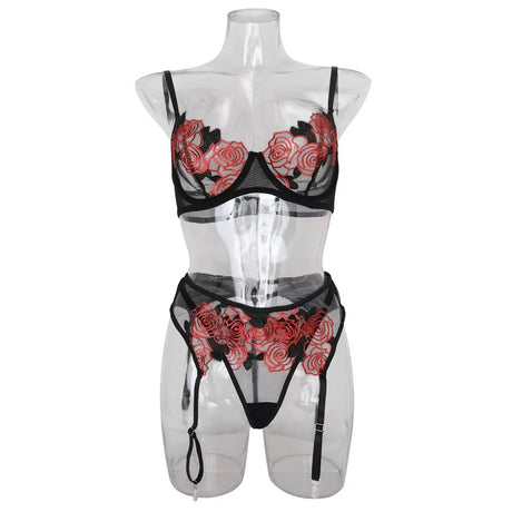 Toucheart 3 Piece Set Sexy Lace Embroidery Bra Set For Women Mesh Patchwork Perspective Sexy Garters Steel Rings Underwear Set