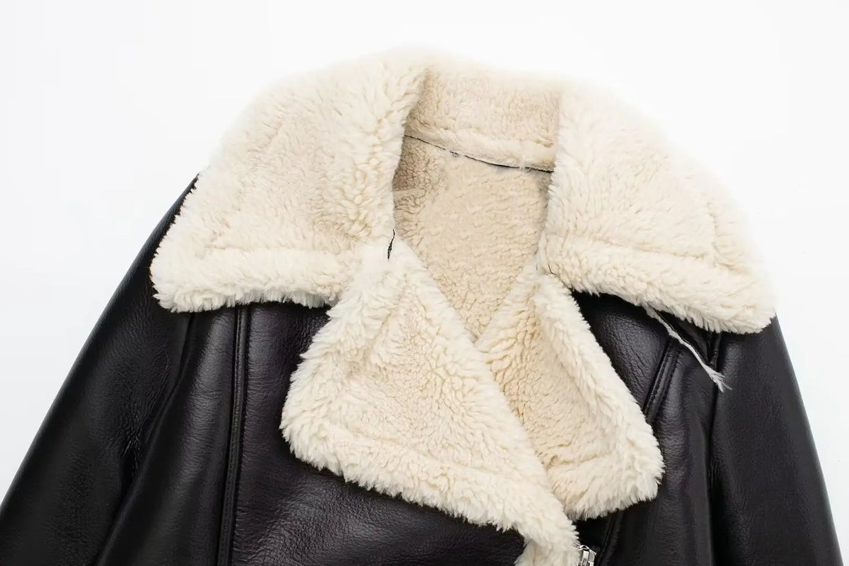 HH Women Faux Leather Thicken Short Jacket Vintage Front Zipper Lapel Long Sleeve Coat Winter Women Warm Casual Outerwear