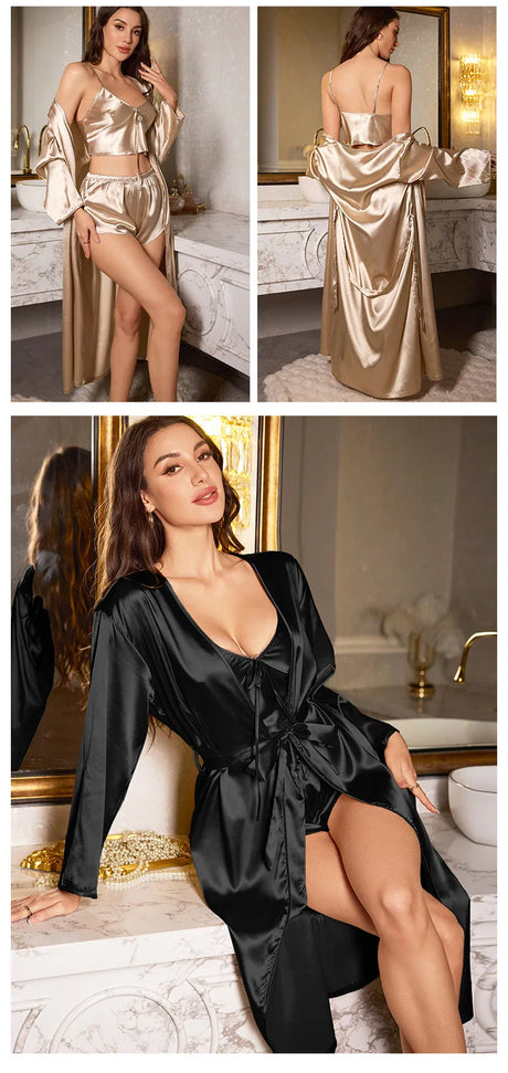 3PCS Sexy Women Pajamas Ladies Nightgowns Satin Robes Nightdress Sling and Short Women Robe
