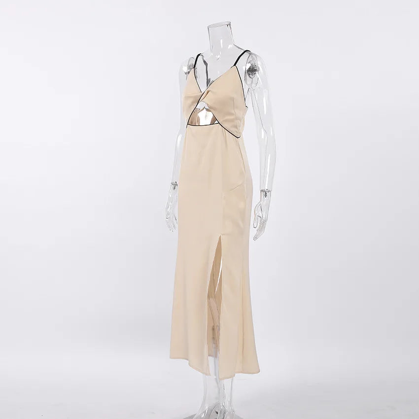 Black Satin Knot Hollow-out Straps Long Dress French Style Sexy Sleeveless Slit Women Summer Dress Lady Evening Party Gowns