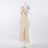 Black Satin Knot Hollow-out Straps Long Dress French Style Sexy Sleeveless Slit Women Summer Dress Lady Evening Party Gowns