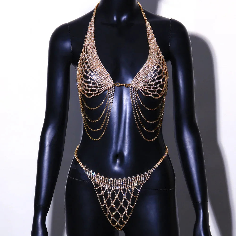 Tassel Underwear Rhinestone Bra Chain Harness for Women Accessories Sexy Fashion Crystal Bikini Bra and Thong Sets Body Jewelry