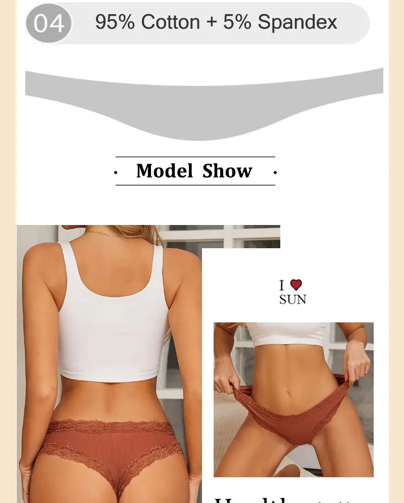 3PCS/Set Sexy Lace Seamless Cotton Brazilian Panties Women Ribbed Intimates Breathable Panties Low Waist Female Cotton Underwear