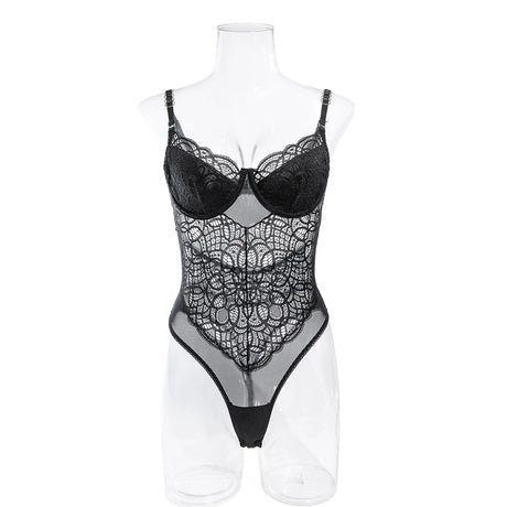 Sexy Women's Lingerie Lace Patchwork Hollow Out Bodysuit Black Solid Color Slim Suspender Backless Underwire One Piece Jumpsuit