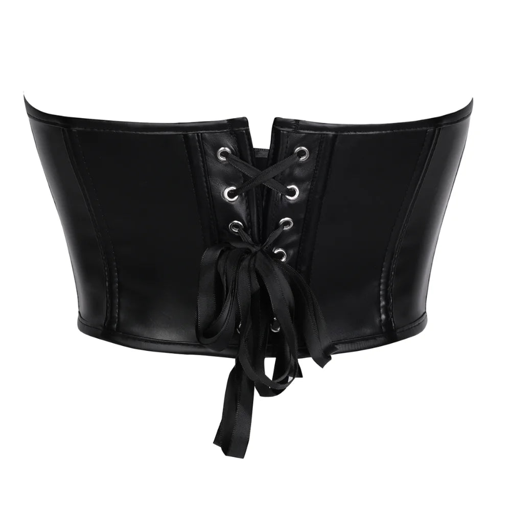 Women Faux Leather Strapless Corset Boned Back Lace Up Waist Cincher Gothic Party Club Night Out Wear
