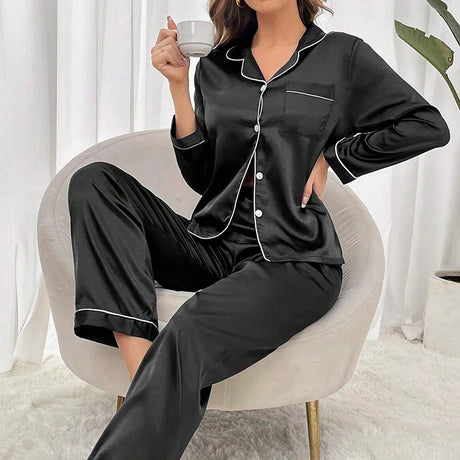 Women's Sleepwear Simple Satin Pajama Set Long Sleeve Buttons Lapel Top With Elastic Pants Loungewear Nightwear 2 Piece Nighty