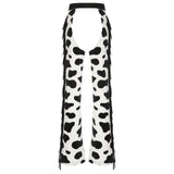 Womens Cow Spot Pattern Flannel Long Pants Adjustable Waist Open Crotch Biking Riding Cowgirl Chaps Halloween Cospaly Costume