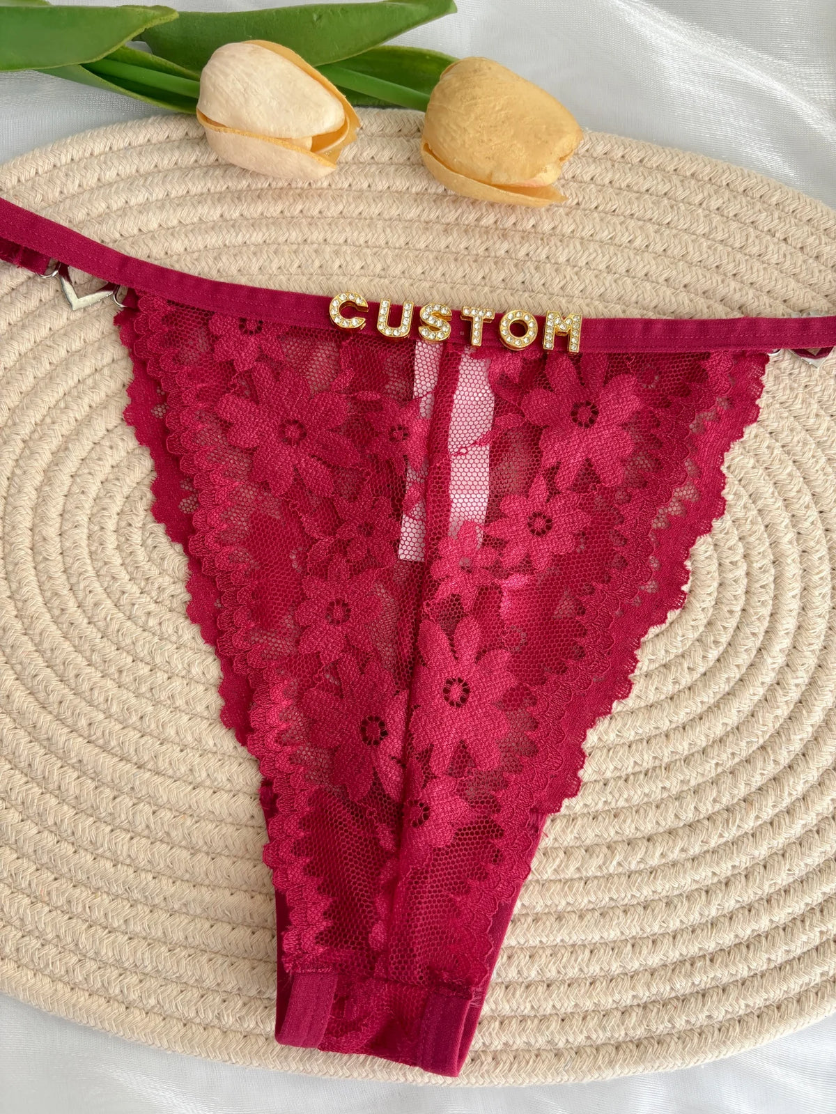 Custom Rhinestone Letter Name Text Sexy Lace Thong Panties Low Rise G-string Personalized Gift Wife Lover Anniversary Festival