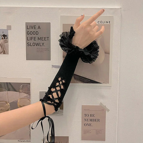 Women Lace Ruffle Arm Warmers Fingerless Gloves Tie-up Elbow Length Sleeves Y2K Aesthetic Kawaii Lolita Oversleeve Cuffs Covers