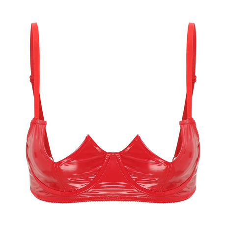 Women Sexy Exposed Nipple Bras Wet Look Patent Leather Underwired Brassiere Top Lingerie for Nightclub Pole Dacing Nightwear