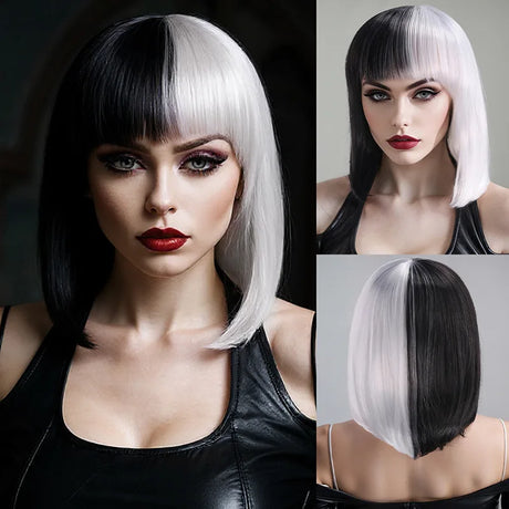 Cosplay Halloween Party Wigs CRUELLA Deville De Vil Black White With Bangs Short Bob Hair for Women Heat-Resistant Synthetic Wig