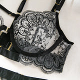 Sexy Lace Lingerie Set With Garter Belt Eyelash Underwire Bra Nude Illusion Strappy Sensual Costume Exotic Underwear Party Club