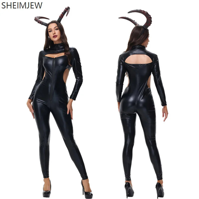 Halloween Cat Girl Masked Hero Cosplay Jumpsuit Black Patent Imitation Leather Bodysuit Nightclub Bar Carnival Party Catsuit New