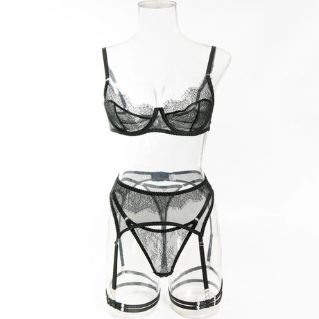 InstaBay Delicate Lace Lingerie 4 Pcs Sets Woman Mesh Patchwork See Through Bras And Thongs Garter Suits Erotic Intimate Outfit