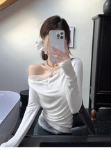 Lace Splice Asymmetrical Shoulder Long Sleeve T-Shirt Women's Slim Fit White Top for Autumn Winter Commute Casual Wear