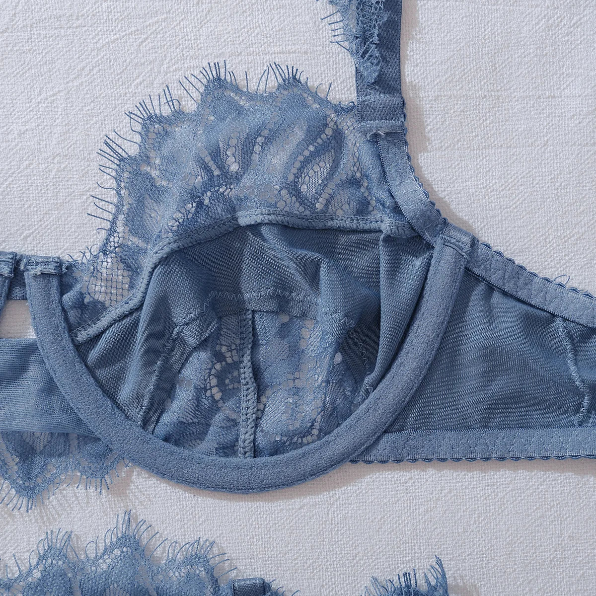 Diccvicc Coquette Slate Blue Lingerie Set 4 Piece Eyelash Lace Satin Bra Peplum Ruffle Garter with Rosebud Thong Women Nightwear