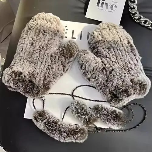 Hot Sale Women's 100% Natural Rabbit Fur Winter Gloves Warm Knit Thick Thermal Mittens Soft Real Fur Outdoor Cold Weather Glove