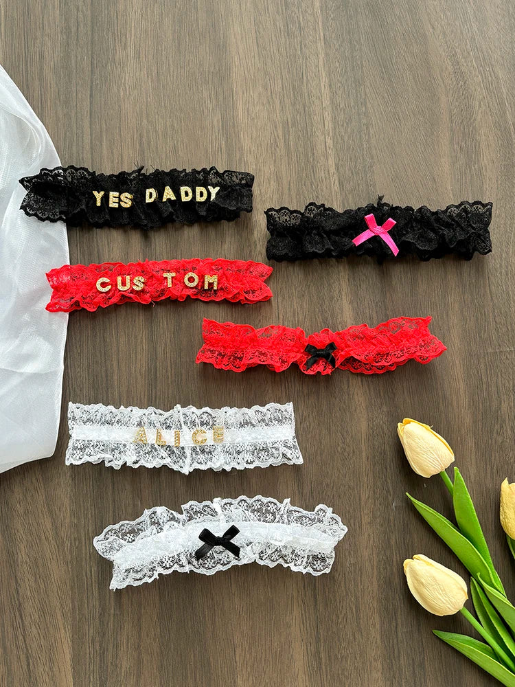 Women Custom Name Bow Leg Ring Sexy Personalized Name Lace Garter Leg Loop Wedding Garters Bridal Cosplay Thigh Ring Lovers Gift